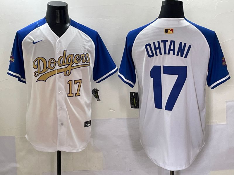 Men Los Angeles Dodgers #17 Ohtani White Blue Champion gold character Nike 2025 MLB Jersey style 50512->los angeles dodgers->MLB Jersey